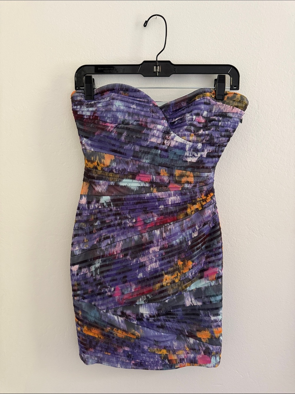 BCBGMaxAzria Strapless Purple Abstract Ruched Bodycon Dress
